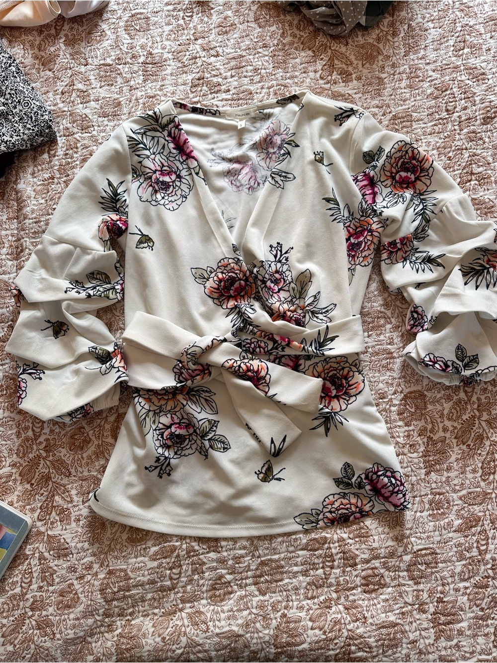 Maurices Cream Floral Wrap Blouse with Pink and Green Accents